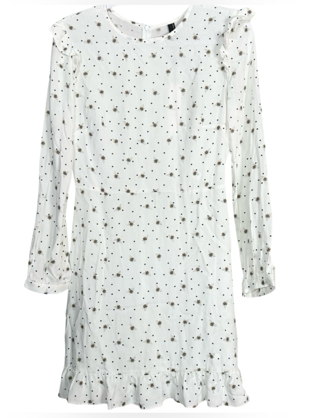Nobody’s Child White Honey Bee Print Long Sleeve Ruffled Mini Dress Size 6 NWT
